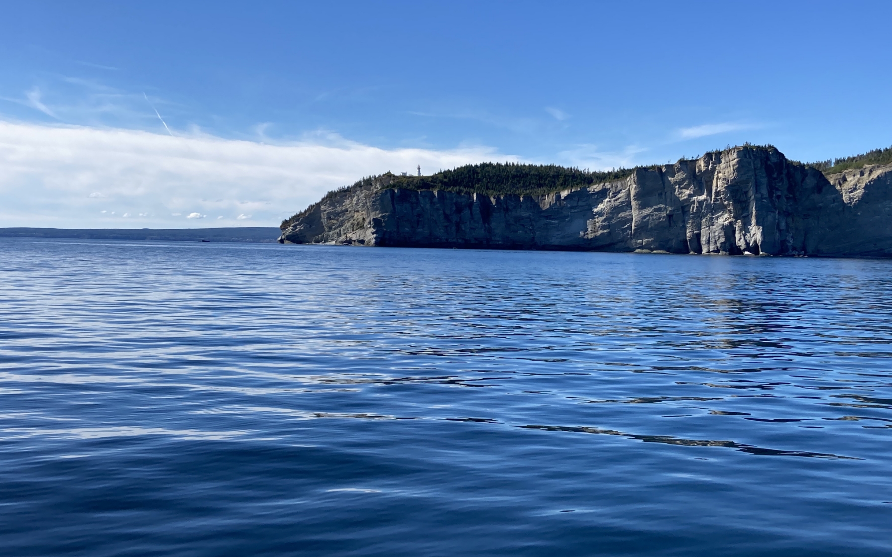 Falaises de Cap Gaspé et phare de Forillon observés depuis les eaux calmes du golfe du Saint-Laurent.