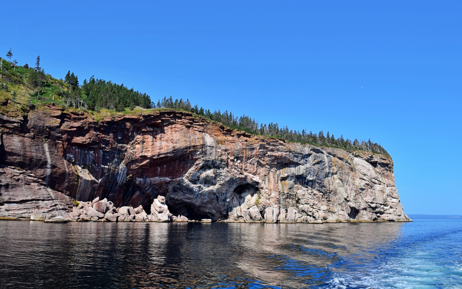 Falaises rocheuses aux teintes rouges et grises bordant le golfe du Saint-Laurent dans le parc national Forillon.